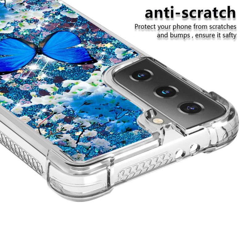 Hülle Für Samsung Galaxy S21 5G Blaue Glitzerschmetterlinge