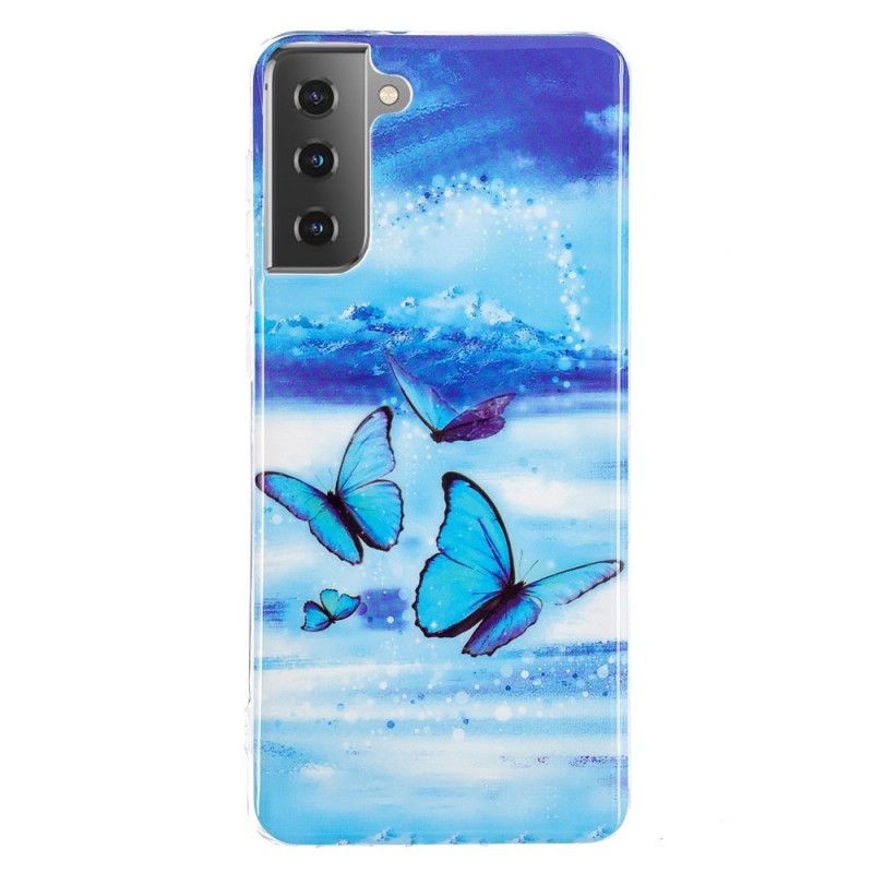 Hülle Für Samsung Galaxy S21 5G Dunkelblau Fluoreszierende Schmetterlingsreihe