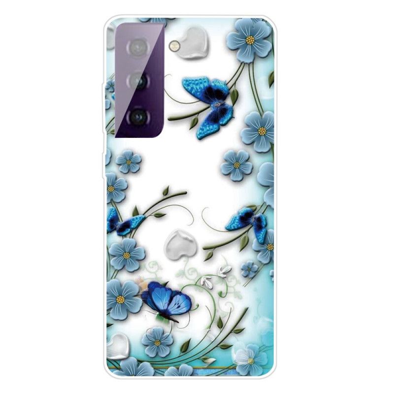 Hülle Für Samsung Galaxy S21 5G Retro Schmetterlinge Und Blumen