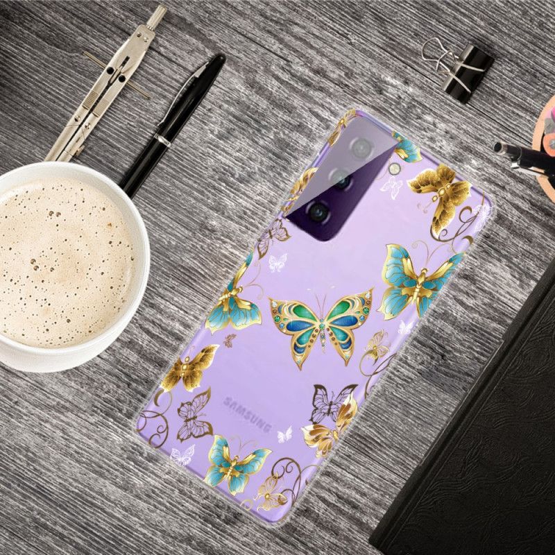 Hülle Samsung Galaxy S21 5G Dunkelblau Design Schmetterlinge