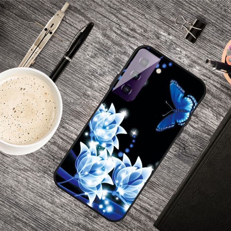 Hülle Samsung Galaxy S21 5G Dunkelblau Handyhülle Blaue Blüten