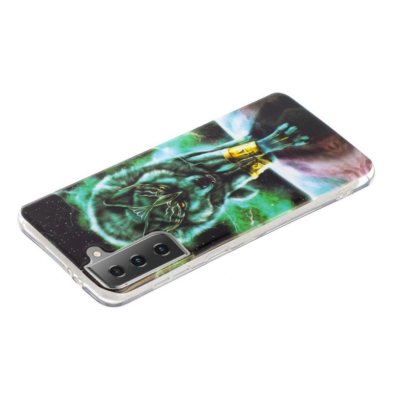 Hülle Samsung Galaxy S21 5G Schwarz Fluoreszierende Wolfsreihe