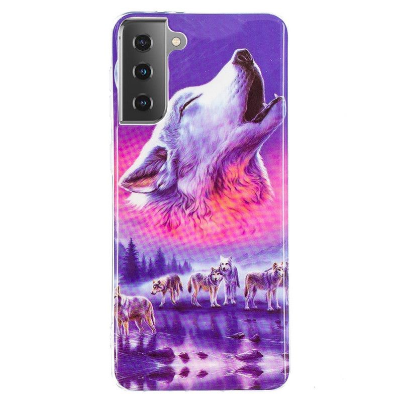 Hülle Samsung Galaxy S21 5G Schwarz Fluoreszierende Wolfsreihe