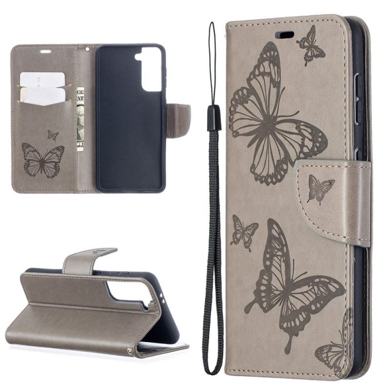 Lederhüllen Samsung Galaxy S21 5G Grau Schmetterlinge Im Flug Mit Tanga