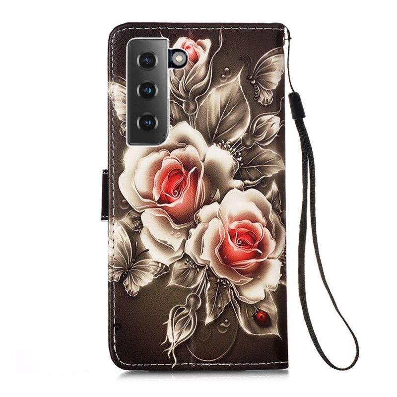 Lederhüllen Samsung Galaxy S21 5G Handyhülle Goldene Rosen