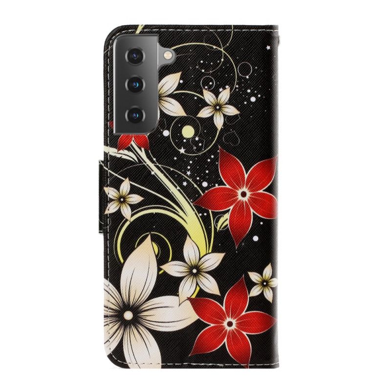 Lederhüllen Samsung Galaxy S21 5G Schwarz Bunte Blumen Mit Einem Riemen