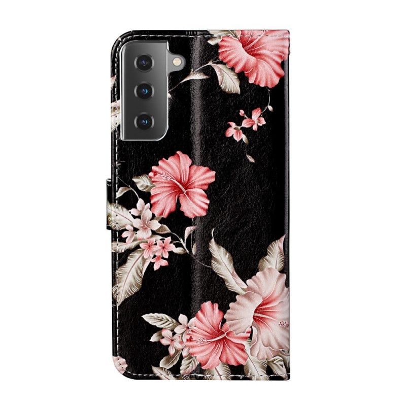 Lederhüllen Samsung Galaxy S21 5G Schwarz Wilde Blumen