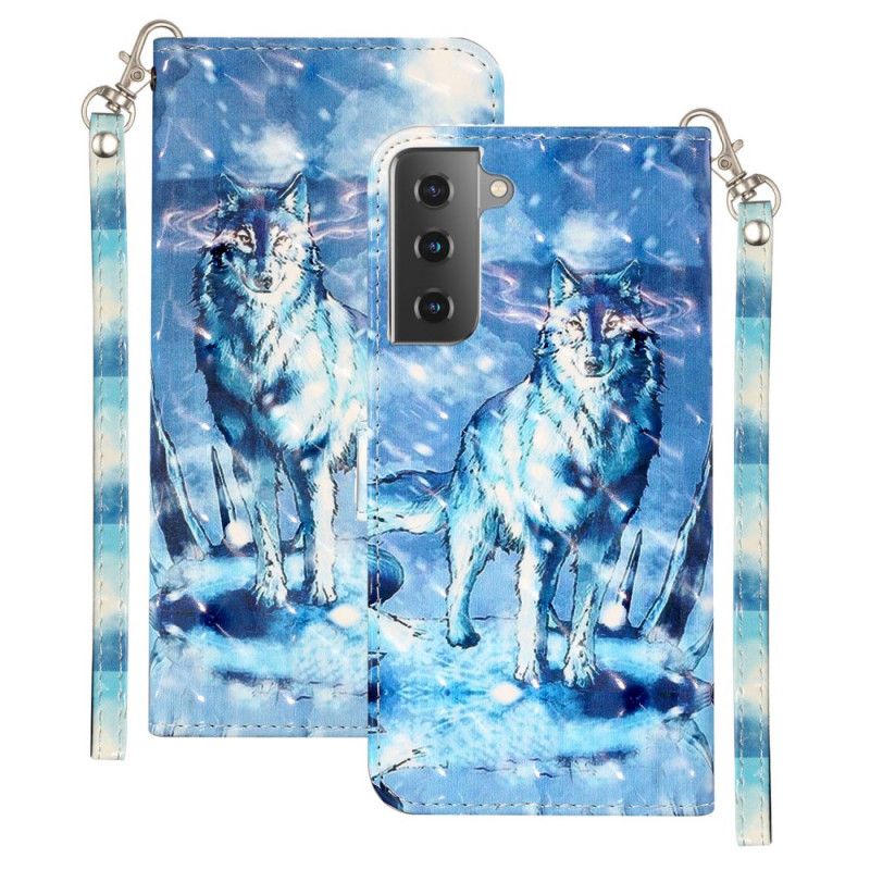 Lederhüllen Samsung Galaxy S21 5G Wolfslichtpunkte Mit Riemen