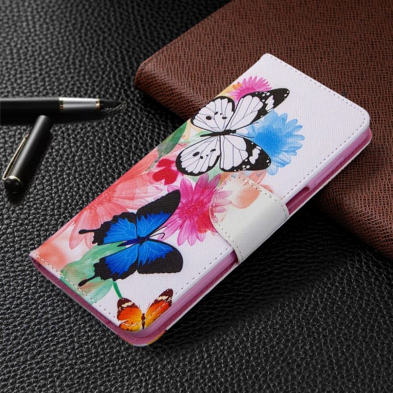Lederhüllen Xiaomi Redmi Note 9S / Note 9 Pro Magenta Bemalte Schmetterlinge Und Blumen