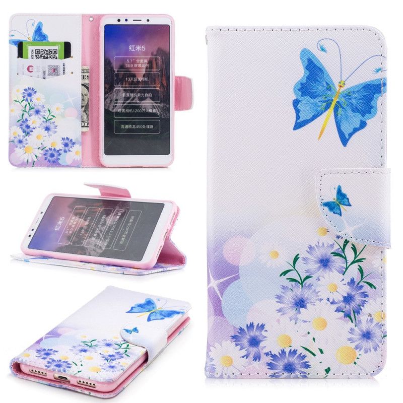Lederhüllen Xiaomi Redmi 5 Bemalte Schmetterlinge Und Blumen