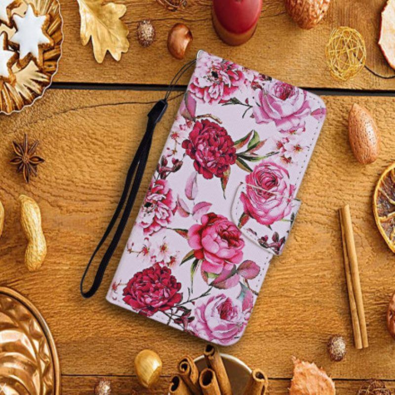 Flip Case Für Samsung Galaxy A52 4G / A52 5G / A52s 5G Meisterhafte Blumen Mit Riemen