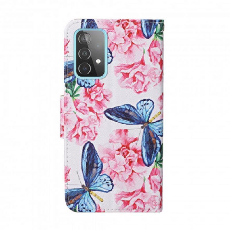 Lederhüllen Für Samsung Galaxy A52 4G / A52 5G / A52s 5G Schmetterlinge Blumen-lanyard