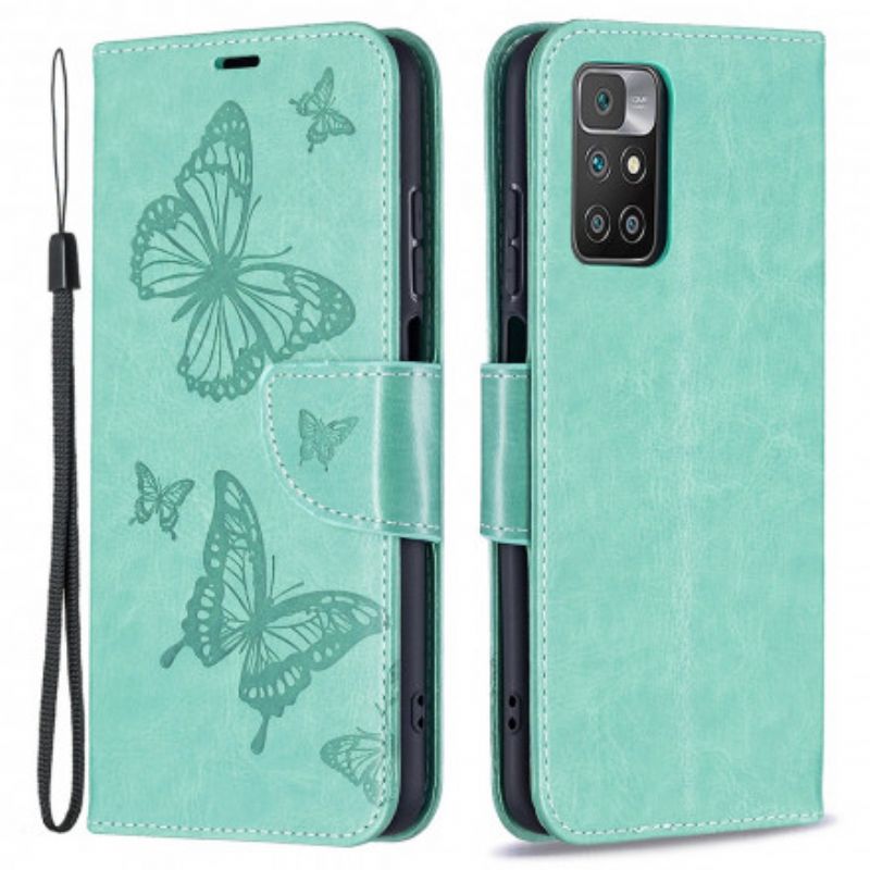 Lederhüllen Für Xiaomi Redmi 10 Mit Schmetterlingen Bedruckter Riemchen