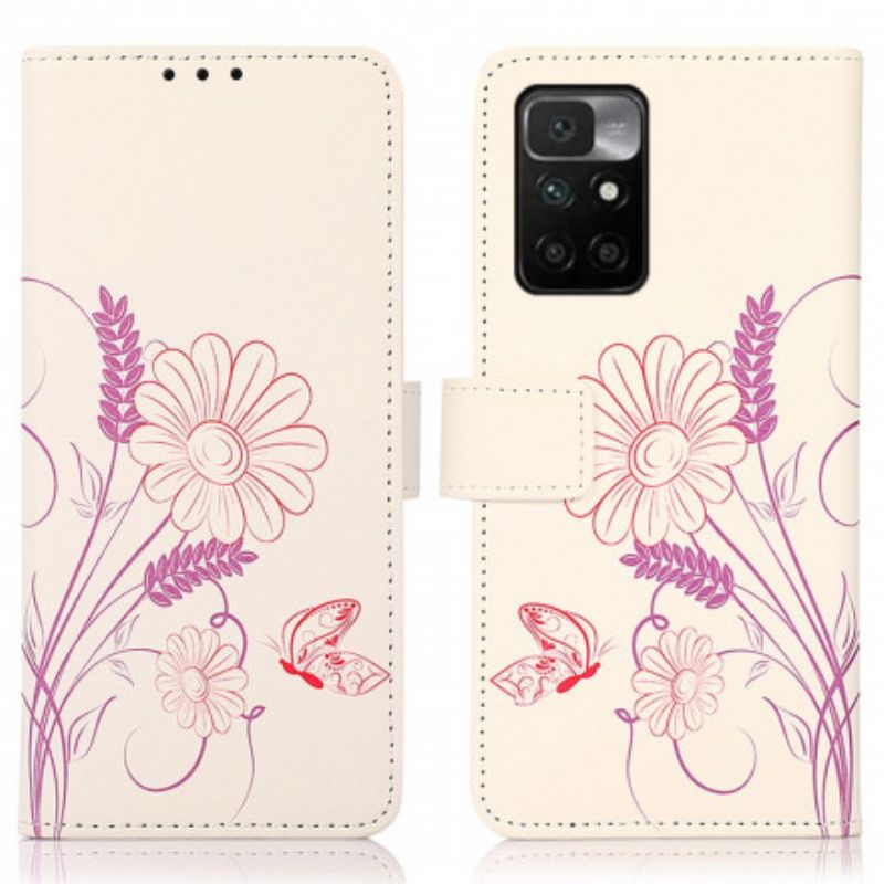 Lederhüllen Für Xiaomi Redmi 10 Schmetterlinge Und Blumen Zeichnen