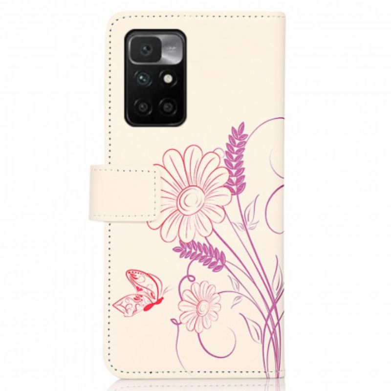 Lederhüllen Für Xiaomi Redmi 10 Schmetterlinge Und Blumen Zeichnen