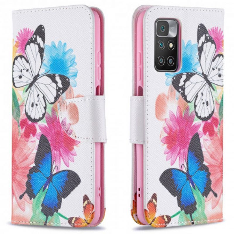 Lederhüllen Xiaomi Redmi 10 Gemalte Schmetterlinge Und Blumen