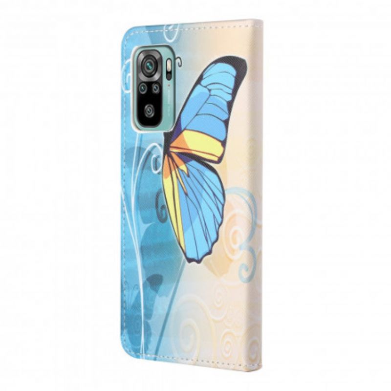 Lederhüllen Xiaomi Redmi 10 Handyhülle Blauer Und Gelber Schmetterling