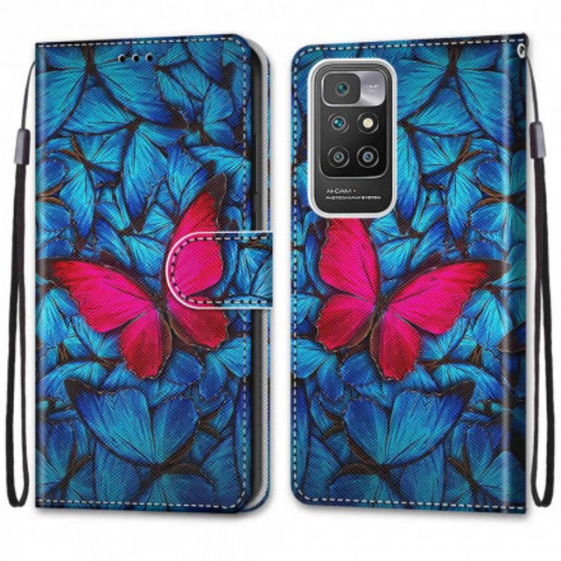 Lederhüllen Xiaomi Redmi 10 Handyhülle Roter Schmetterling Auf Blauem Hintergrund