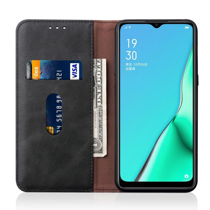 Flip Case Oppo A5 2020 Schwarz Genähter Ledereffekt