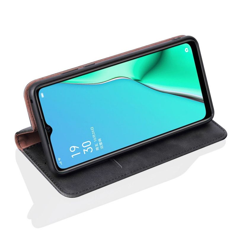 Flip Case Oppo A5 2020 Schwarz Genähter Ledereffekt