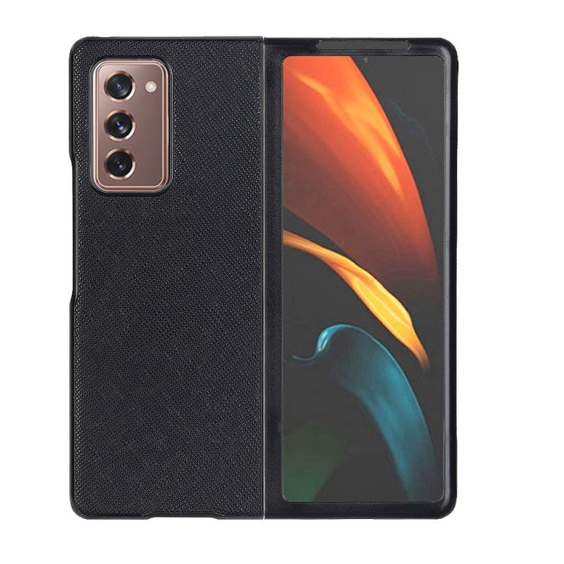 Hülle Für Samsung Galaxy Z Fold 2 Schwarz Echtes Leder Gekreuzt