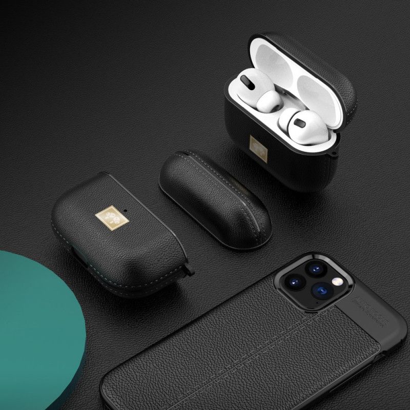 Hülle Für AirPods Pro Schwarz Litschi-Kunstleder Mit Karabinerhaken