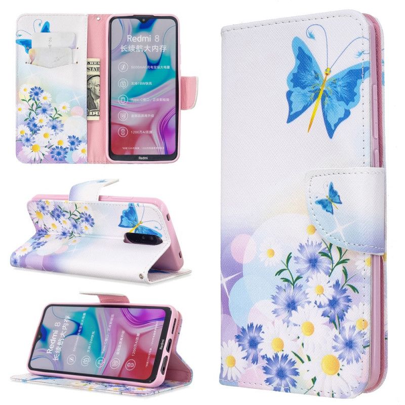 Lederhüllen Xiaomi Redmi 8 Magenta Bemalte Schmetterlinge Und Blumen