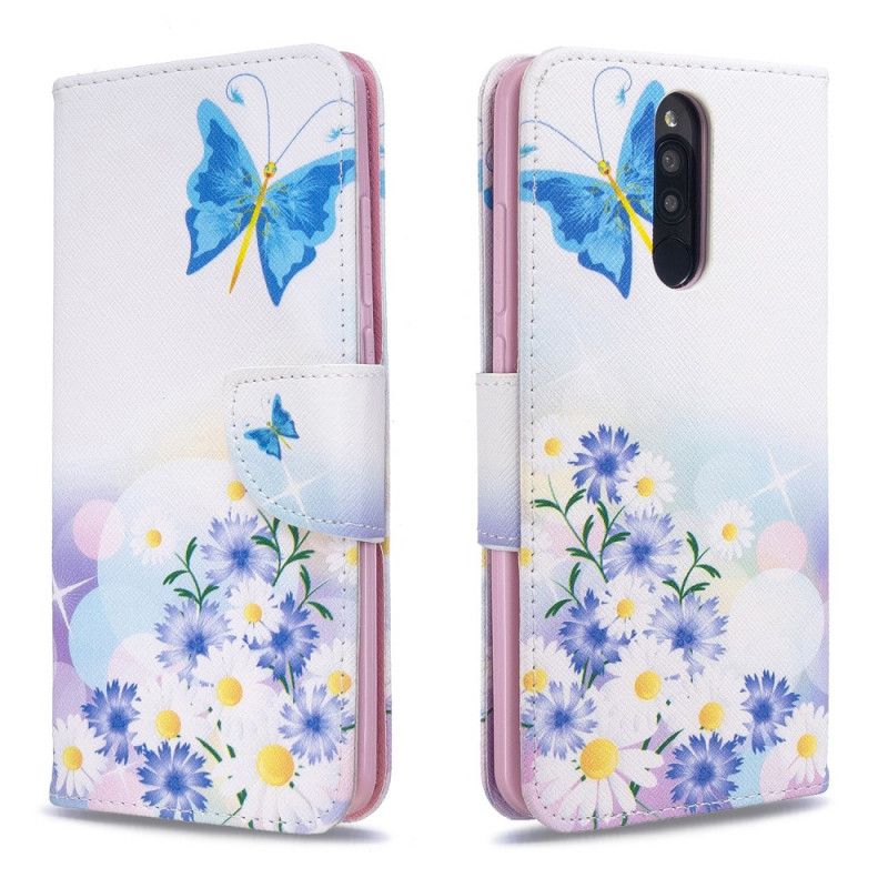 Lederhüllen Xiaomi Redmi 8 Magenta Bemalte Schmetterlinge Und Blumen