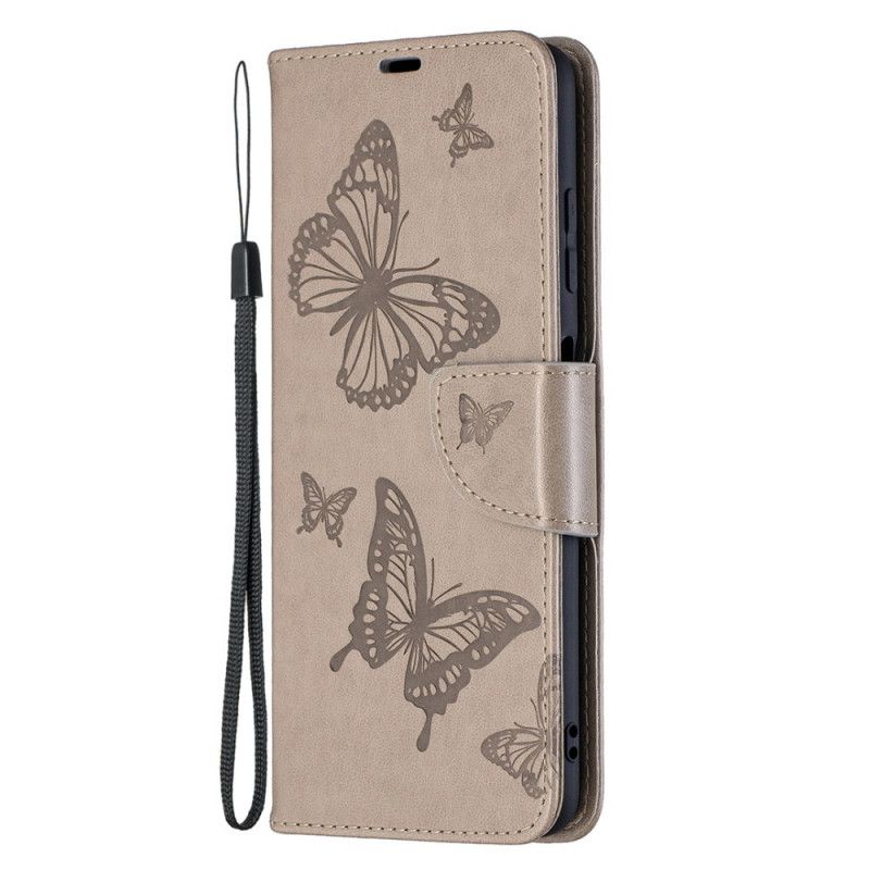 Lederhüllen Für Xiaomi Poco X3 Grau Bedruckte Schmetterlinge Mit Tanga