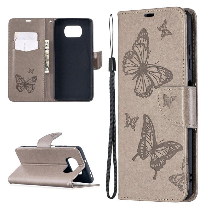 Lederhüllen Für Xiaomi Poco X3 Grau Bedruckte Schmetterlinge Mit Tanga