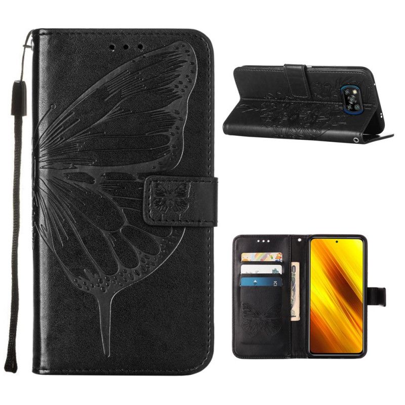 Lederhüllen Xiaomi Poco X3 Schwarz Designer-Schmetterling Mit Riemen