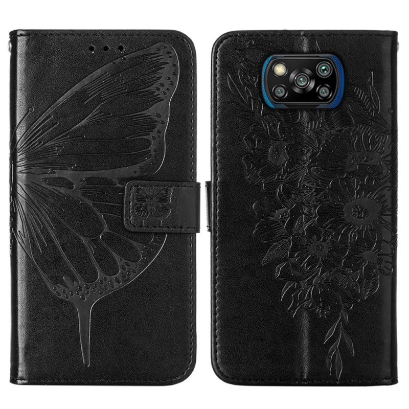 Lederhüllen Xiaomi Poco X3 Schwarz Designer-Schmetterling Mit Riemen