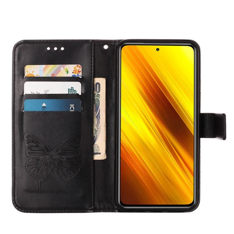 Lederhüllen Xiaomi Poco X3 Schwarz Designer-Schmetterling Mit Riemen