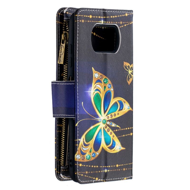 Lederhüllen Xiaomi Poco X3 Schwarz Handyhülle Schmetterlings-Reißverschlusstasche