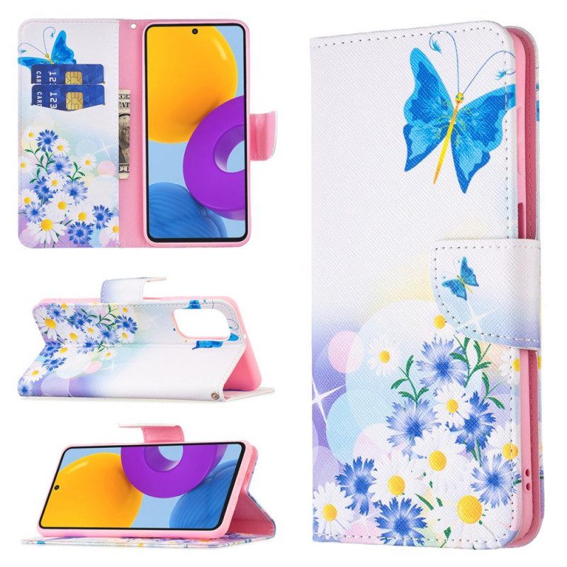 Lederhüllen Für Samsung Galaxy M52 5G Schmetterling Und Blumen