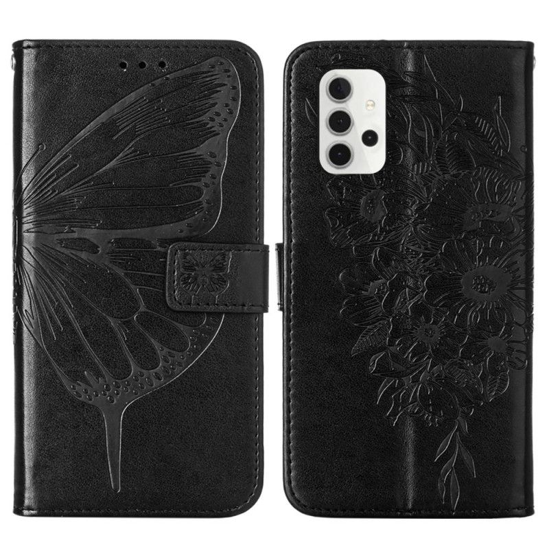 Lederhüllen Für Samsung Galaxy A32 5G Schwarz Design Schmetterling Mit Riemen