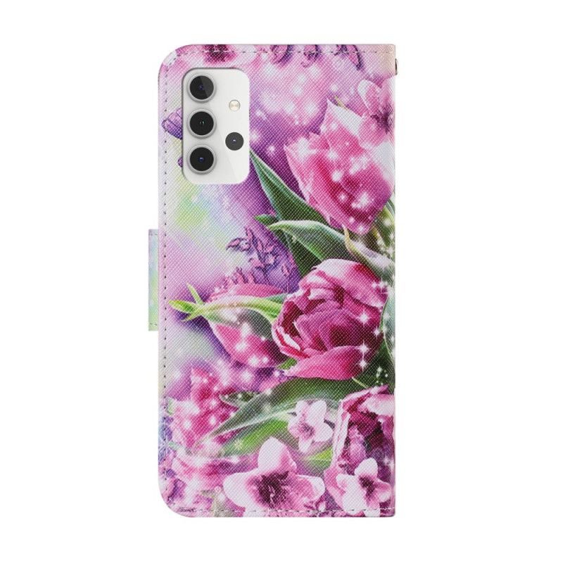 Lederhüllen Samsung Galaxy A32 5G Handyhülle Schmetterlinge Und Tulpen
