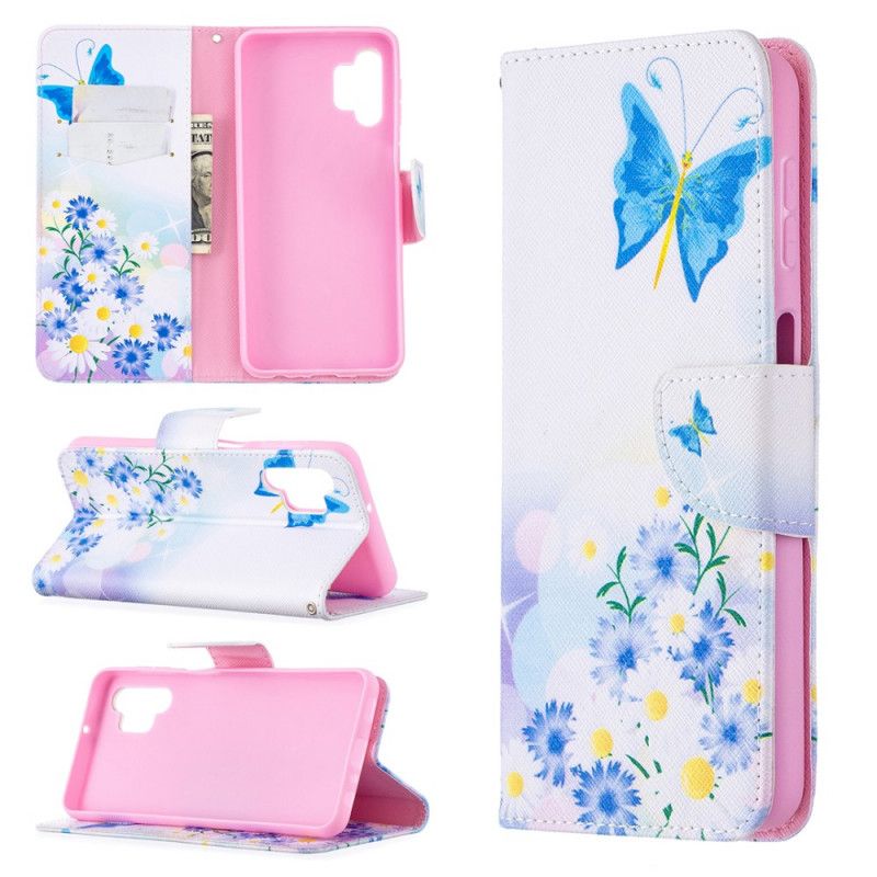 Lederhüllen Samsung Galaxy A32 5G Magenta Handyhülle Bemalte Schmetterlinge Und Blumen