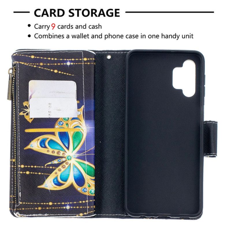 Lederhüllen Samsung Galaxy A32 5G Schwarz Reißverschlusstasche Mit Schmetterlingen Art