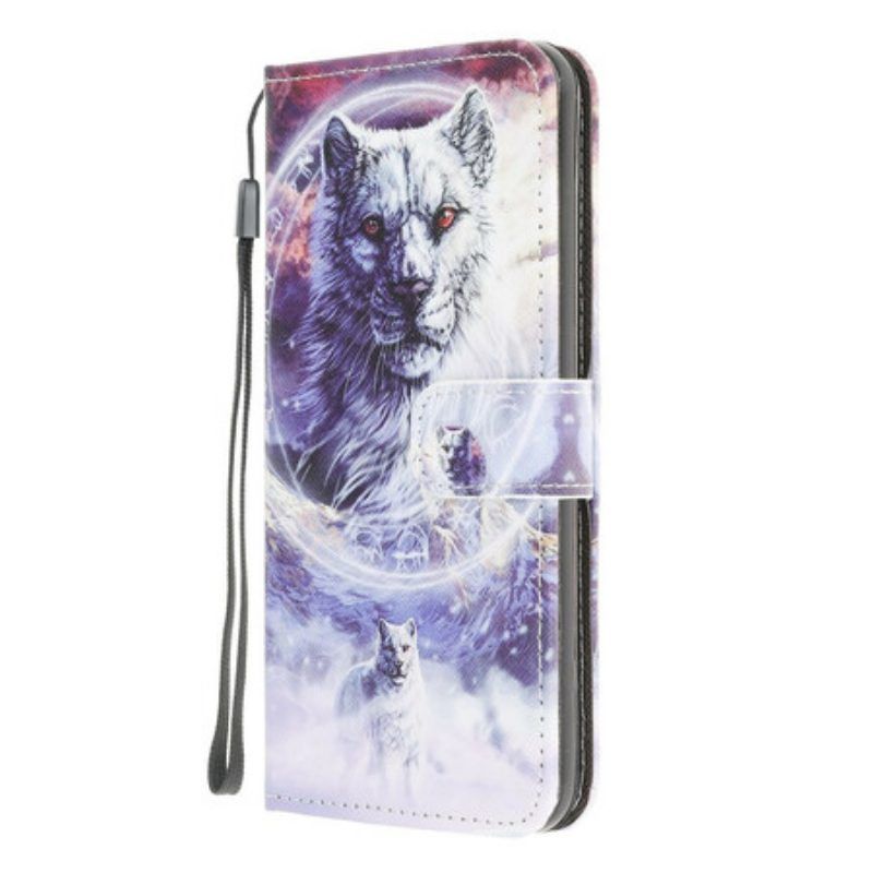 Flip Case Für Samsung Galaxy M12 / A12 Wolf Im Winter Mit Schlüsselband