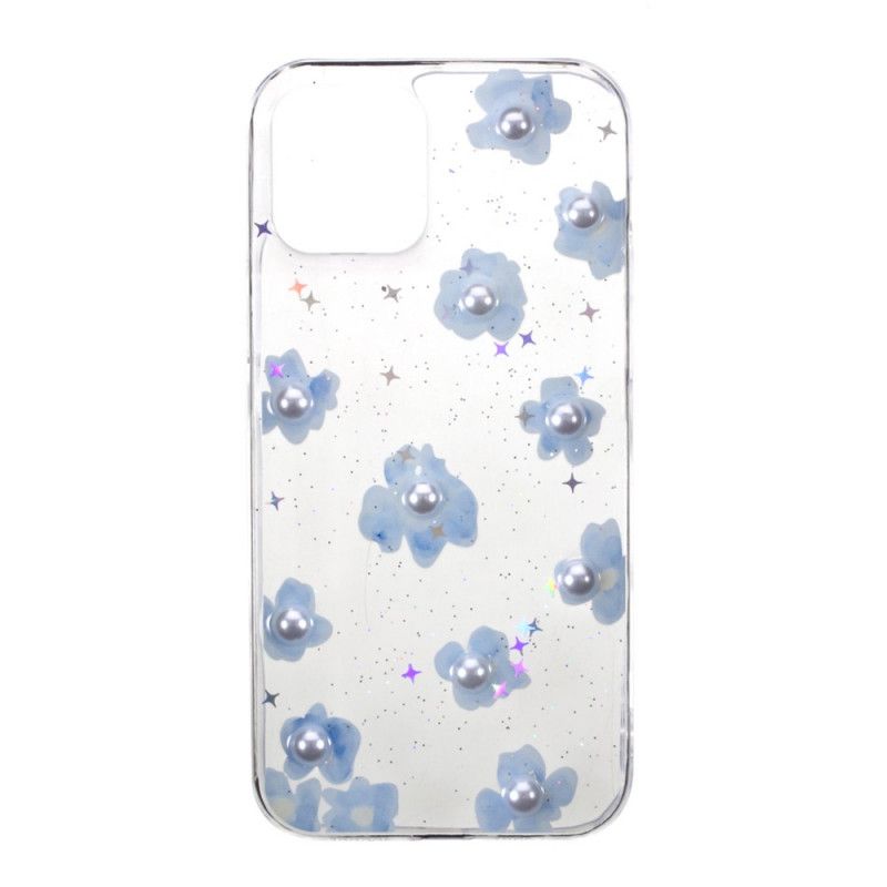 Hülle Für iPhone 12 / 12 Pro Hellblau Blumen Und Perlen
