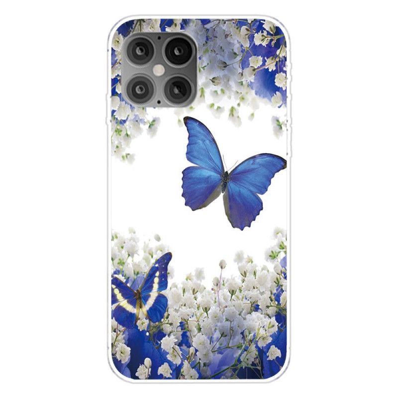 Hülle iPhone 12 / 12 Pro Dunkelblau Schmetterlinge