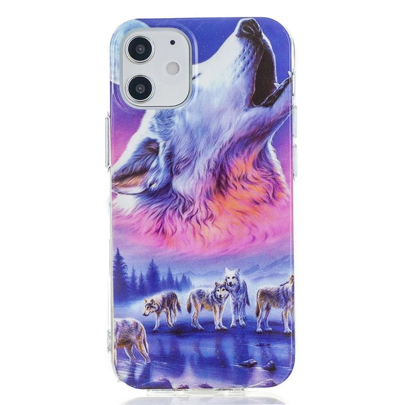 Hülle iPhone 12 / 12 Pro Schwarz Fluoreszierende Wolfsreihe