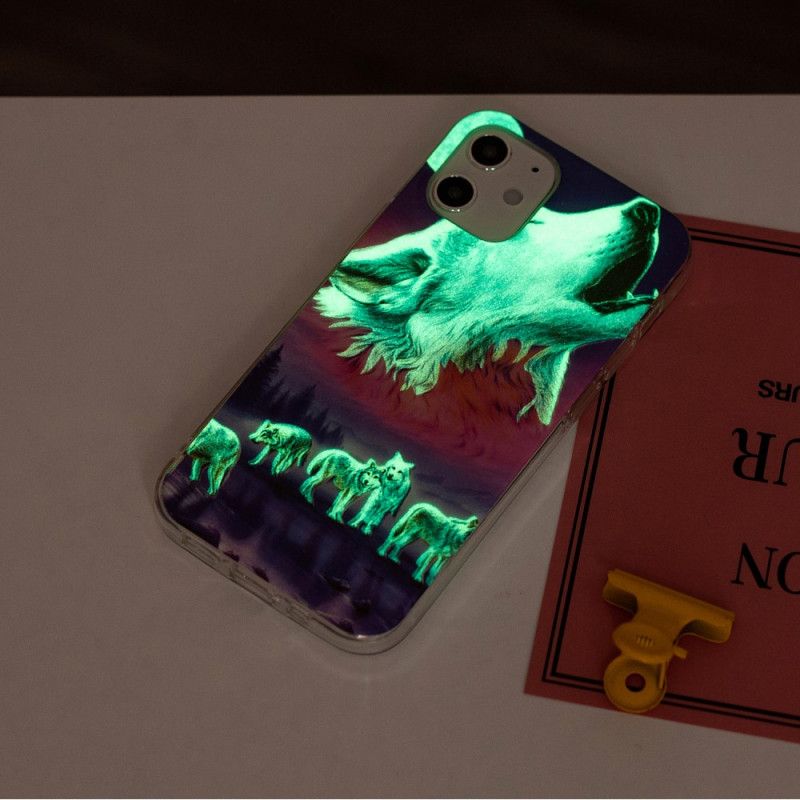 Hülle iPhone 12 / 12 Pro Schwarz Fluoreszierende Wolfsreihe