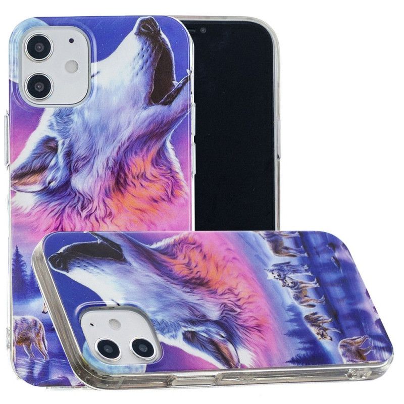 Hülle iPhone 12 / 12 Pro Schwarz Fluoreszierende Wolfsreihe