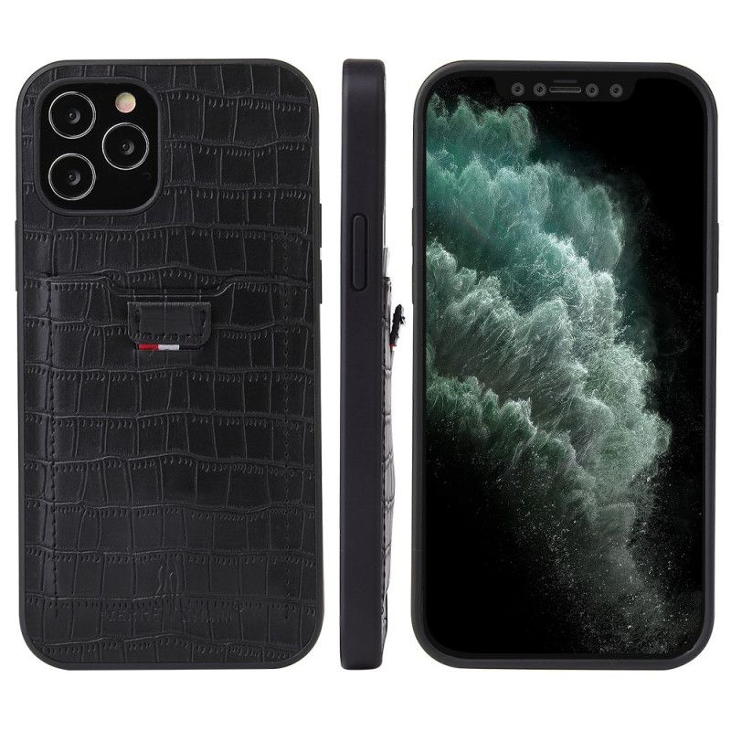 Hülle iPhone 12 / 12 Pro Schwarz Kartenhalter Im Krokodilleder-Stil