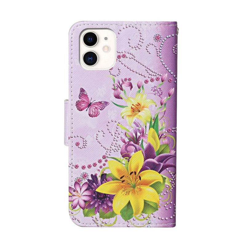 Lederhüllen iPhone 12 / 12 Pro Magenta Meisterhafte Blumen Mit Tanga