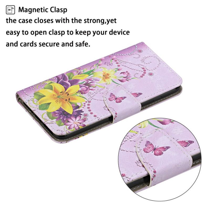 Lederhüllen iPhone 12 / 12 Pro Magenta Meisterhafte Blumen Mit Tanga