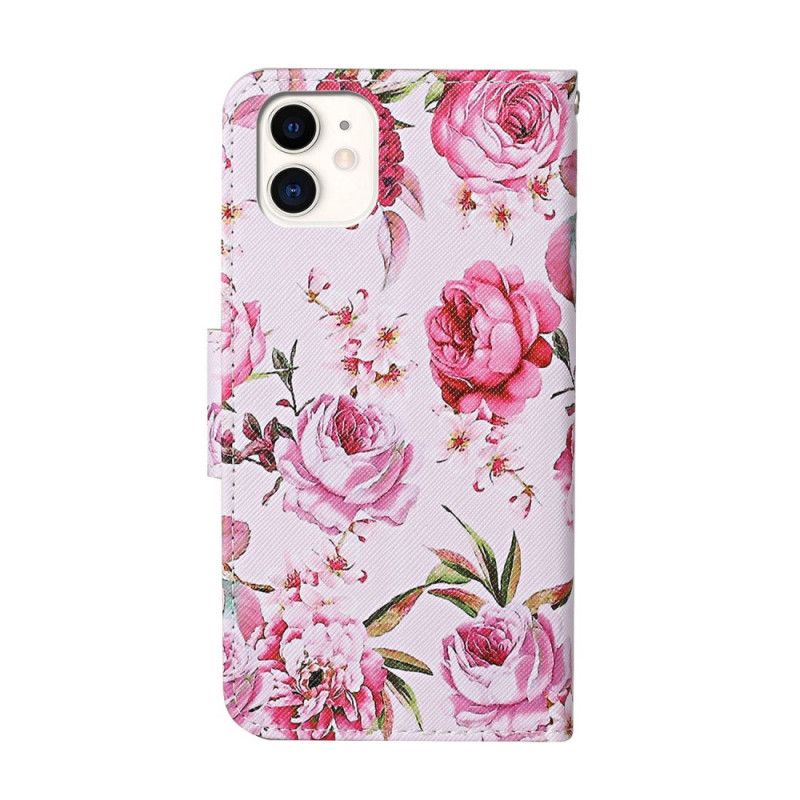 Lederhüllen iPhone 12 / 12 Pro Magenta Meisterhafte Blumen Mit Tanga