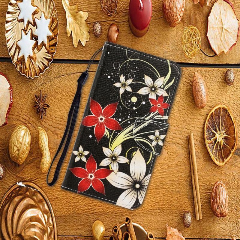 Lederhüllen iPhone 12 / 12 Pro Schwarz Bunte Blumen Mit Einem Riemen